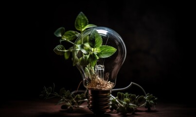 Poster -  a light bulb with a plant inside of it on top of a wooden table next to a plant sprouting out of the light bulb.  generative ai