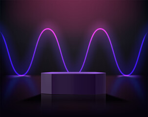 Poster - Dark room with waving glowing neon and podium. 3d vector showcase for display products
