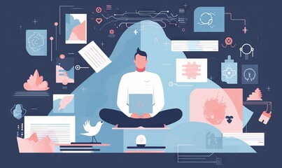 Sticker -  a man sitting in a lotus position with a laptop on his lap, surrounded by various graphic images and symbols surrounding him, on a dark background.  generative ai