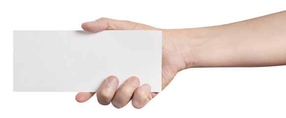 Wall Mural - Male hand holding blank sheet of paper (ticket, flyer, invitation, coupon, banknote, etc.), cut out