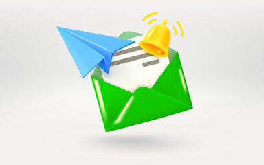 Aufkleber - Green envolope, golden bell and blue plane. Sending or receiving a new message concept. 3d vector illustration