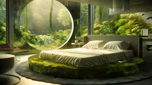 A Pretty Bedroom With A Circular Bed And Some Moss Growing On It