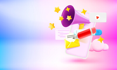 Poster - Using internet social media via mobile phone concept. 3d vector banner with copy space