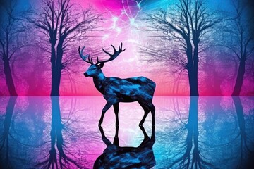 Wall Mural - Abstract woodland landscape in a futuristic night scene. Dark natural woodland landscape with neon blue light and a moonlight reflection in the pond. Dark neon background, gloomy woodland, and deer