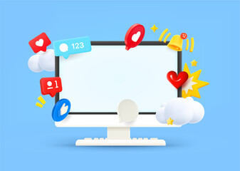 Poster - Computer monitor with video social media elements and blank screen. 3d vector illustration
 