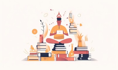 Wall Mural -  a man sitting on top of a pile of books with a laptop in his lap and a stack of books behind him with a tree in the background.  generative ai