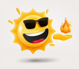 Aufkleber - Happy sun emoji with the flame in a hand. 3d vector isolated on white background