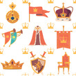 Seamless Pattern With Coronation Attributes Features Regal Gold And White Color Scheme, With Intricate Motifs Of Crowns