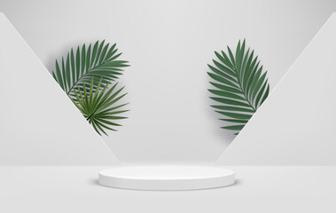 Poster - Bright interior with portal, podium and green leaves. Eco friendly product showcase template. 3d vector background