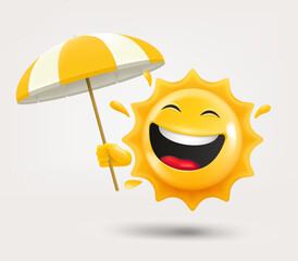 Poster - Happy sun emoji with umbrella in a hand. 3d vector isolated on white background