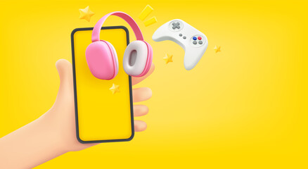 Leinwandbilder - Man holding smartphone with multimedia gadgets. 3d vector banner with copy space