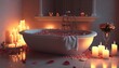 Modern bathroom illustration with modern bath tube, burning candles and rose petals