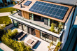 Top down view of the modern single family home's solar panels, sunny day. High quality generative ai