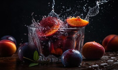   a glass filled with water and fruit on top of a table.  generative ai