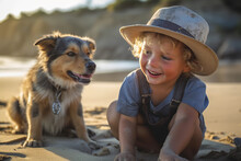 Fun On A Sunny Day: A Boy Joins His Dog On The Beach