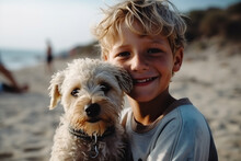 Sand And Smiles: Boy And His Faithful Dog On The Beach