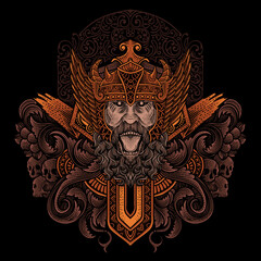 Illustration of angry viking head with vintage engraving ornament in back perfect for your business and Merchandise