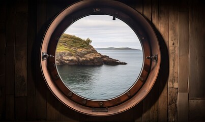 Wall Mural -  a porthole window with a view of a body of water.  generative ai