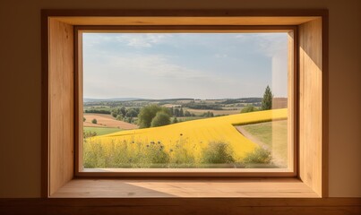 Sticker -  a window with a view of a field of yellow flowers.  generative ai