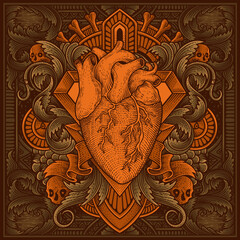 Wall Mural - Illustration vector antique heart with vintage engraving ornament in back perfect for your merchandise and T shirt