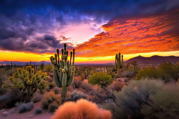 Wall Mural - vibrant and colorful sunset over a desert