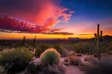 Wall Mural - vibrant and colorful sunset over a desert