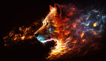 Poster - Wolf in flame. gnerative ai.