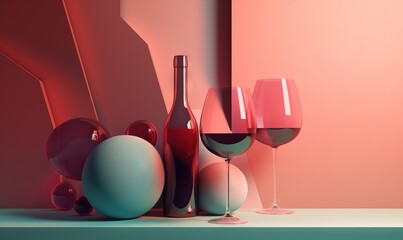 Sticker -  a table topped with two wine glasses and a bottle of wine.  generative ai