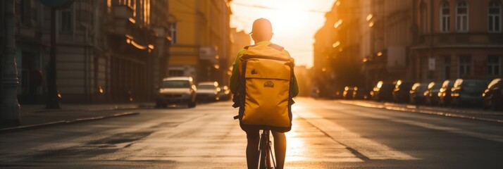 Delivery man rides a bicycle and delivers goods around the city with a delivery backpack. Generative AI