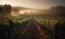  A Foggy Vineyard In The Early Morning With The Sun Shining Through The Trees.  Generative Ai