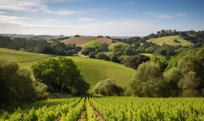 Canvas Print -  a lush green field with trees and hills in the background.  generative ai