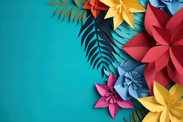 Wall Mural - Paper art tropical flowers on isolated background