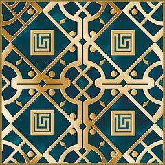 Wall Mural - Marble art Deco blue greek style seamless pattern. Gold square frame, border. Luxury stone textured geometric background.  Greek key meanders. Modern vintage art deco design. Grunge ornate texture
