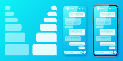 Realistic smartphone with messaging app on colorful blue background. Blank SMS text frame. Chat screen with transparent message bubbles. Social media application. Vector illustration