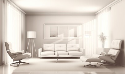 Wall Mural -  a living room with a white couch and chair and a lamp.  generative ai