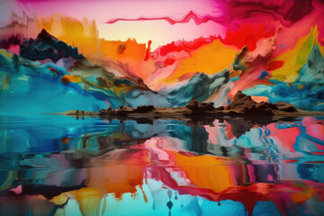 a colorful and vibrant abstract landscape with a lake and mountains in the background - Generative AI
