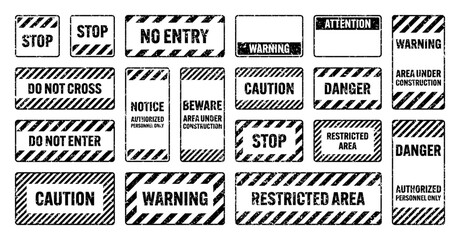 Various black grunge warning signs with diagonal lines. Old attention, danger or caution sign, construction site signage. Realistic notice signboard, warning banner, road shield. Vector illustration