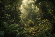A Lush, Tropical Jungle With A Variety Of Plants And Trees - Generative AI