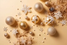 Top View Photo Of Christmas Decorations Snow Branches On Isolated Beige Background With Copyspace. AI Generative