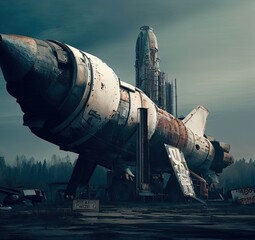 Rocket space abandoned landscape soviet futurism concept illustration digital. Generative AI