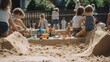Spielende Kinder im Sandkasten am Sonnigen Tag mit Spielzeug und anderen Kindern die Spaß haben