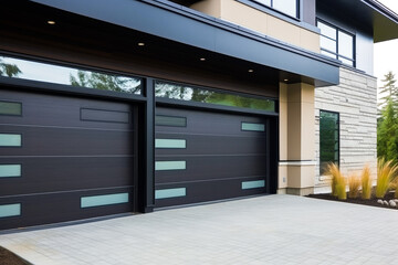 Wall Mural - Modern garage doors with carport. Contemporary architecture, smart home; no cars parked and no people. Generative ai.