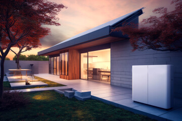 Tesla home battery with modern house in the background. Contemporary architecture, smart home, self sufficient home. Generative ai.