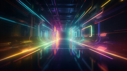 Wall Mural - futuristic cyber space tunnel with RGB lighting super speed zooming in created with generative ai