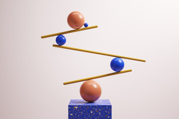 Abstract balancing geometric figures on light background. Impossible balance and confidence cnocept. 3D Rendering.