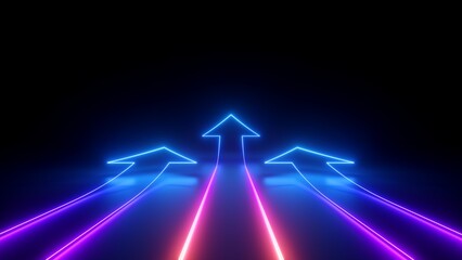 Wall Mural - 3d render, abstract minimalist geometric background. Three neon arrows, linear rising chart