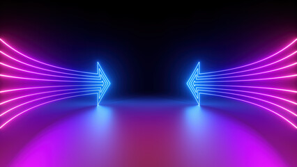 3d render, abstract minimalist geometric background. Two counter neon arrows approaching each other. Duality concept