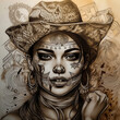 The girl with half of her face devilish was sketching a money-filled tattoo on a wild west background.