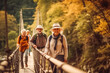 Asian senior couple going for a hike. Walking over wooden bridge in tropical forest. Generative AI.