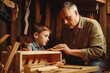 Grandfather teaching grandson how to make wooden bird house. DIY craft in home workshop. Indoor. Generative AI.